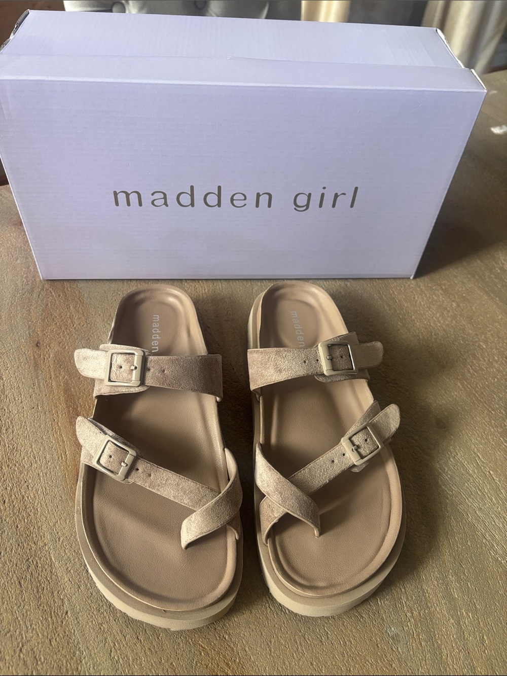 Madden Girl Beige Suede Double Buckle Slide Sandals - Picture 2 of 3